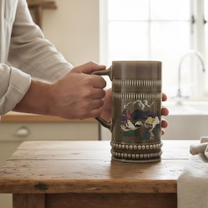 Jarra de cerveza de porcelana irlandesa vintage, jarra de cerveza con escena de granja campestre, coleccionable, regalo para el Día del Padre, cumpleaños, Navidad, para él, novio, mamá y papá.