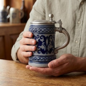Peut inclure: Une chope à bière cylindrique en céramique avec une base grise ornée de motifs floraux en relief bleu foncé et de bordures géométriques. Le récipient comprend un couvercle métallique à charnière avec un bouton sphérique et une anse incurvée.