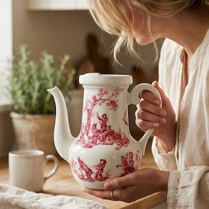 May include: A white ceramic coffee pot with a red pastoral scene design. The pot has a long spout, a curved handle, and a lid. A cup of coffee sits nearby. The pot is being held by a person.