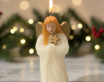 Vintage Christmas Angel Figural Wax Candle – Collectible Holiday Decor Shelf Decoration