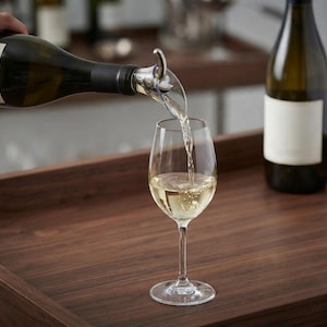 Pode incluir: Um aerador de vinho de vidro transparente fixado a uma garrafa de vinho de vidro escuro, vertendo vinho branco num copo. O aerador possui um bico de metal prateado curvo e um corpo de plástico transparente para o fluxo do líquido.