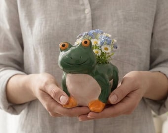 Vintage Ceramic Frog Planter, Green Glazed Succulent Holder, Playful Home Décor