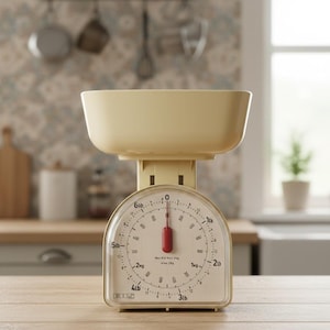 Puede incluir: Una báscula de cocina de estilo vintage en color crema con un cuenco a juego. La báscula tiene una esfera blanca con marcas negras y una aguja indicadora roja. Está diseñada para medir hasta 3 kg.