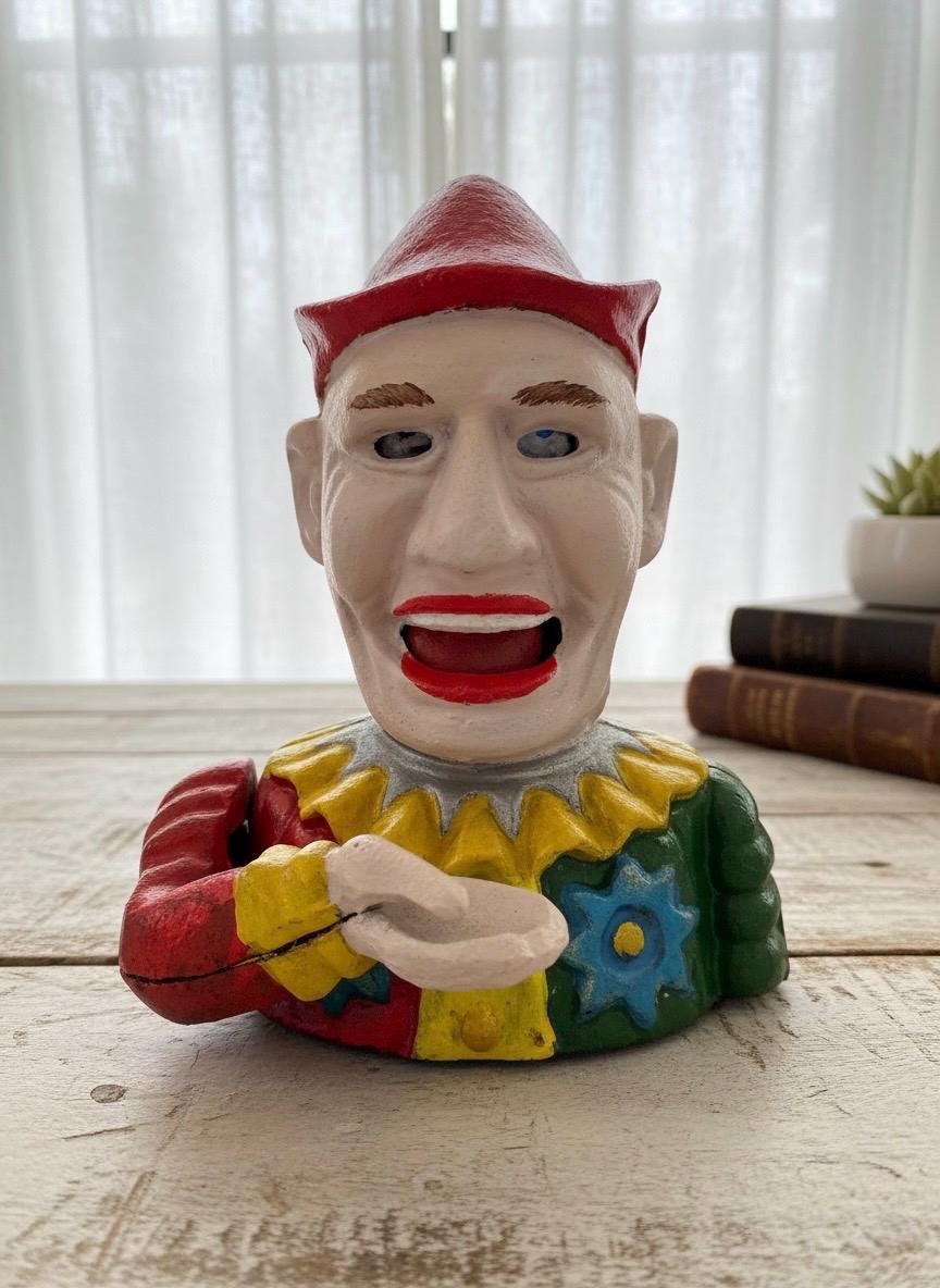 Antique Cast Iron Mechanical Clown Jester Humpty Dumpty Coin Bank