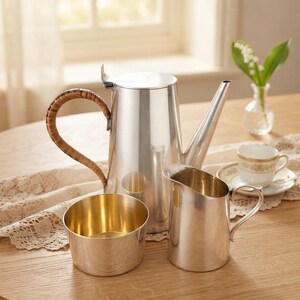May include: A silver-toned metal coffee pot with a brown woven handle, a matching silver-toned creamer, and a small silver-toned bowl with a gold-toned interior. The set features a polished metallic finish and a tall, slender spout on the coffee pot.