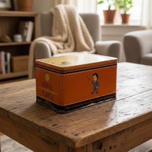 May include: An orange rectangular tin of Royal Toffee sits on a rustic wooden table. The tin features a cartoon illustration of a man and the words "Royal Toffee". The background includes a living room setting with a chair and plants.