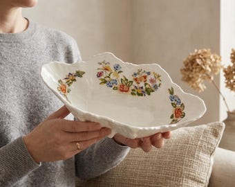 Vintage Aynsley Ceramic Footed Bowl, Scalloped Edge Serving Dish, Cottage Garden Centrepiece