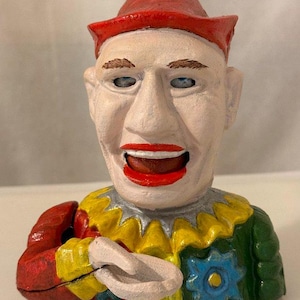 Antique Cast Iron Mechanical Clown Jester Humpty Dumpty Coin Bank Hand to Mouth Collectible Birthday Xmas Gift Idea for Her Him Mum Wife Dad