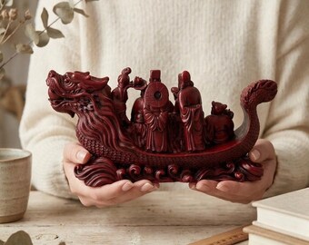 Vintage Red Resin Dragon Boat Figurine: Eight Immortals, Feng Shui Decor