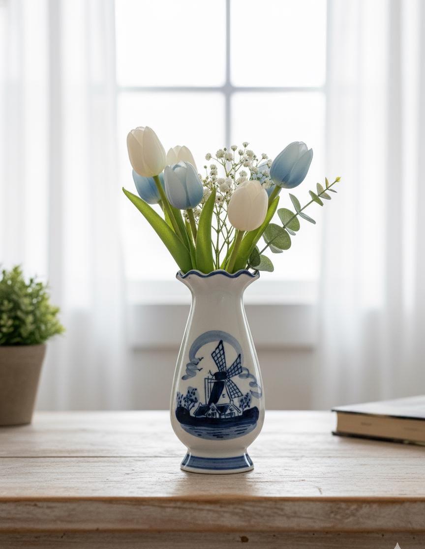 ヴィンテージのハンドペイント、デルフトブルーの花瓶。風車模様の花柄