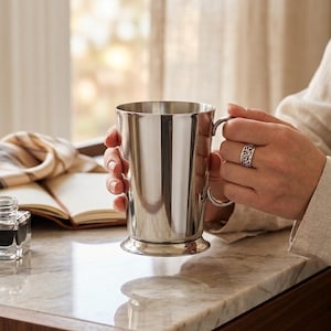 Puede incluir: Una taza de plata pulida con asa, sostenida por una persona. La taza tiene una base ancha y un diseño simple y elegante. El fondo incluye una encimera de mármol, un cuaderno y una ventana con cortinas transparentes.