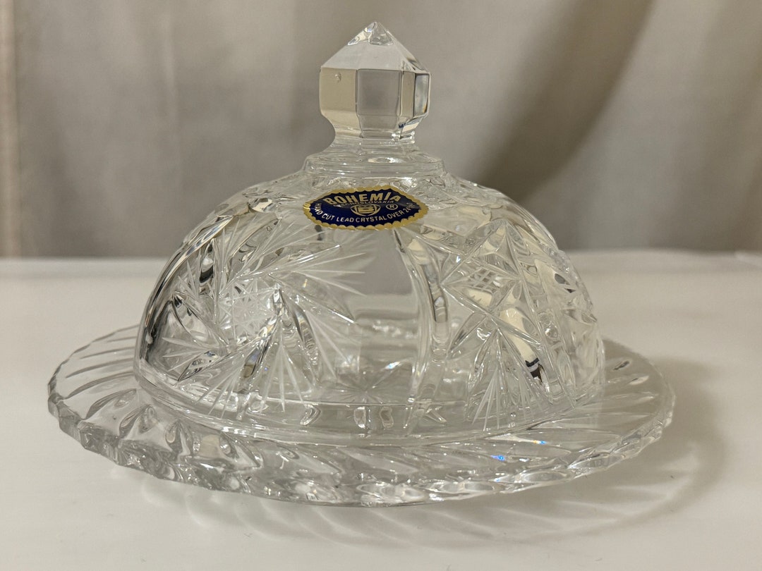 Vintage Bohemia Crystal Glass Dish With Lid Handcut Butter Serving Tray
