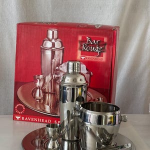 Vintage Ravenhead 5 Piece Cocktail Bar Set Shaker Ice Bucket Tray Tongs Measure Stainless Steel Collectable Birthday Xmas Gift Her Him Dad