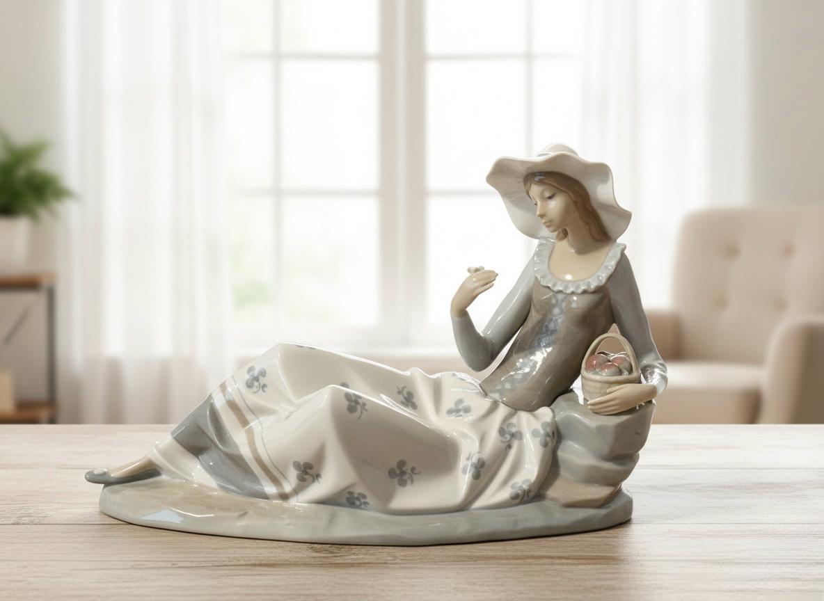 希少なNAO by Lladróの物憂げな女性の置物、花とフルーツバスケットを