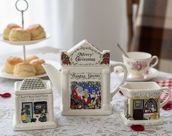 Vintage Wade Santa's Grotto Christmas Teapot English Life Milk Jug Sugar Pot Set 3 Ceramic Collectible Kitchen Decor Birthday Xmas Gift Her