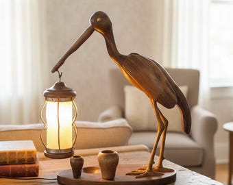 Vintage Aldo Tura Stork Table Lamp Set, Italian Bird Wood Sculpture Holding Lantern, Mid Century Collectible, Birthday Xmas Gift for Her Him