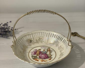 Vintage Porcelain Serving Bowl: Openwork, Gilded Rim, Courting Couple Scene