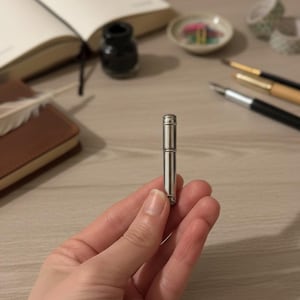May include: A small, silver-colored pen held in a hand. The pen is cylindrical with a cap on top. The background includes an open notebook, inkwell, and other stationery items. The pen appears to be a writing instrument.