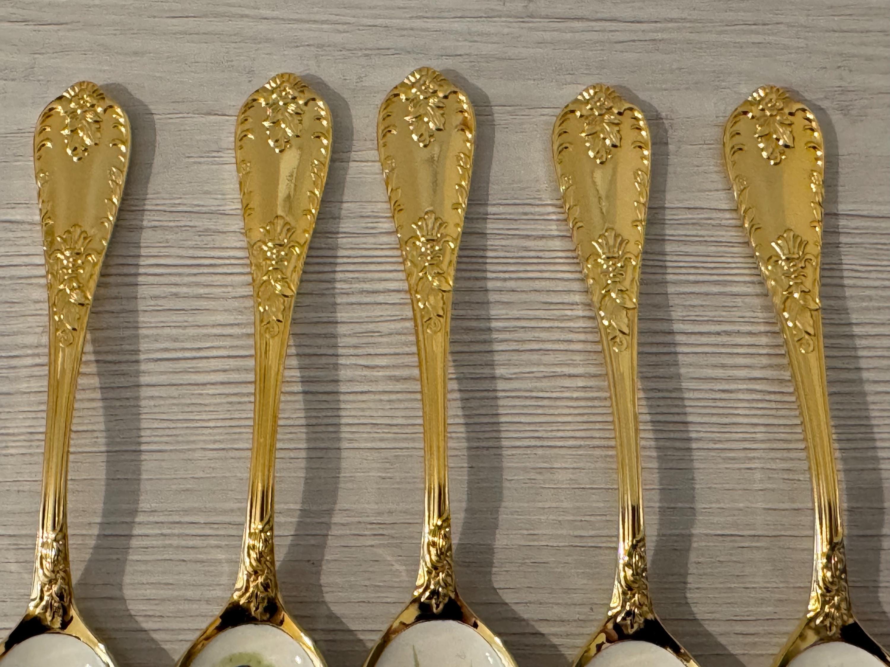 ヴィンテージ金メッキ鳥型スプーン、エナメル加工日本製5本セット 