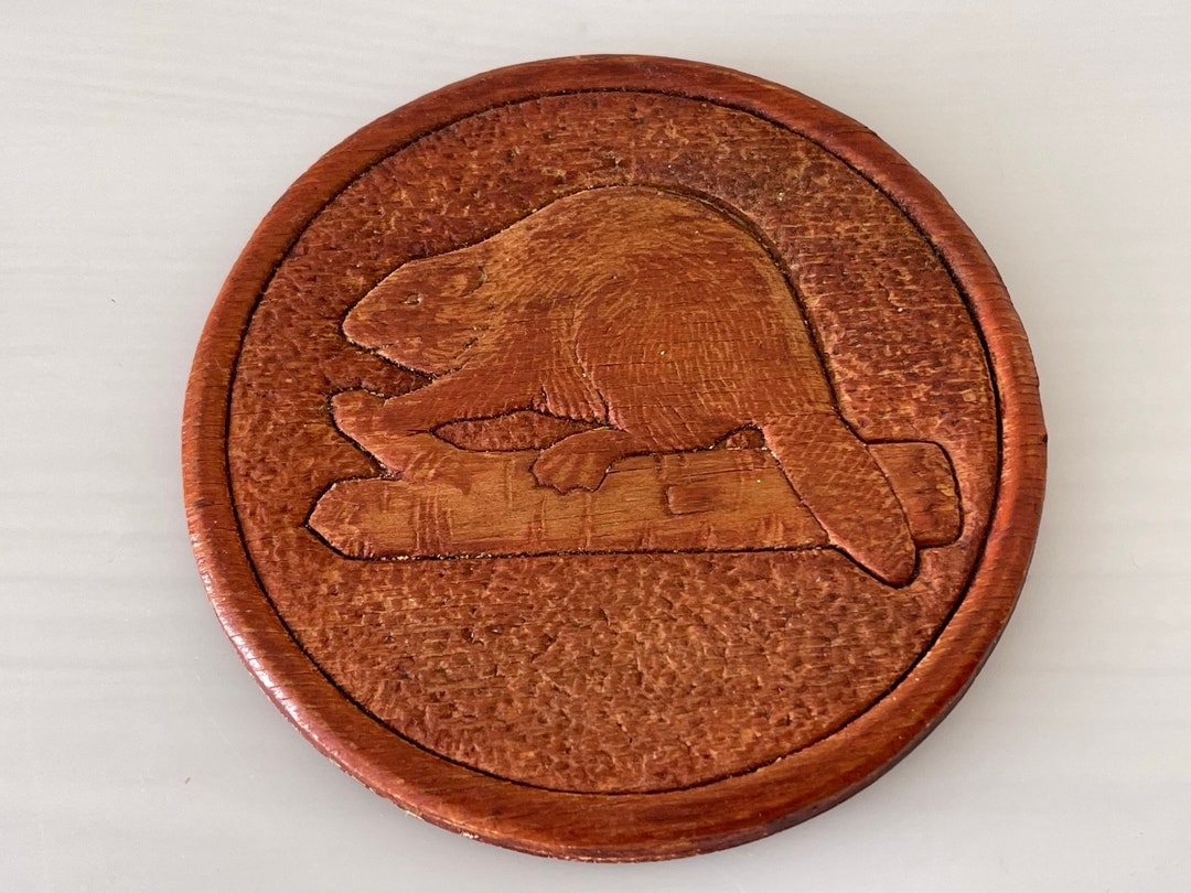 Vintage Wooden Coasters Set of 4 Beaver Design Coasters Etsy