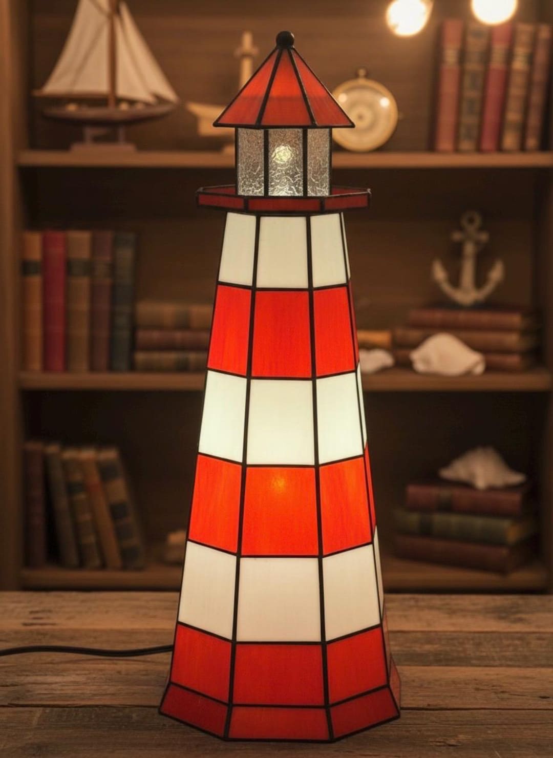 Vintage Nauticalia Large Lighthouse Stained Glass Tiffany Style Lamp ...