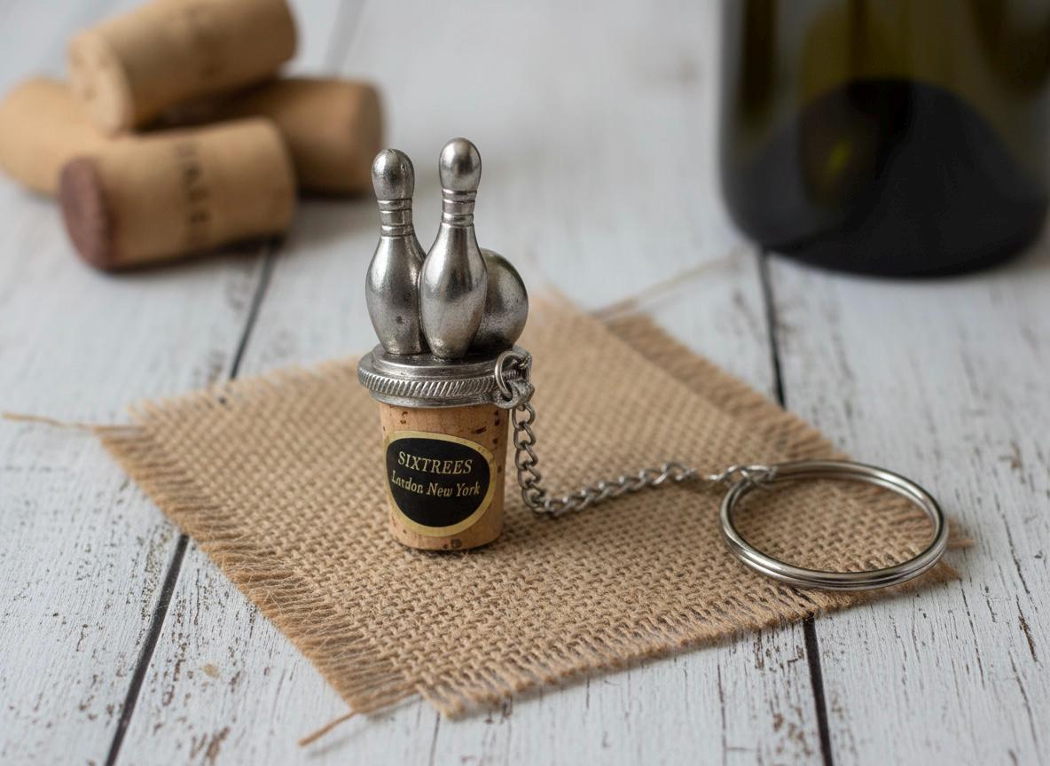 Vintage Sixtrees Pewter Bowling Pins & Ball Wine Bottle Stopper with Neck Ring, Barware Kitchen Decor, Birthday Xmas Gift Idea Her Him Wife