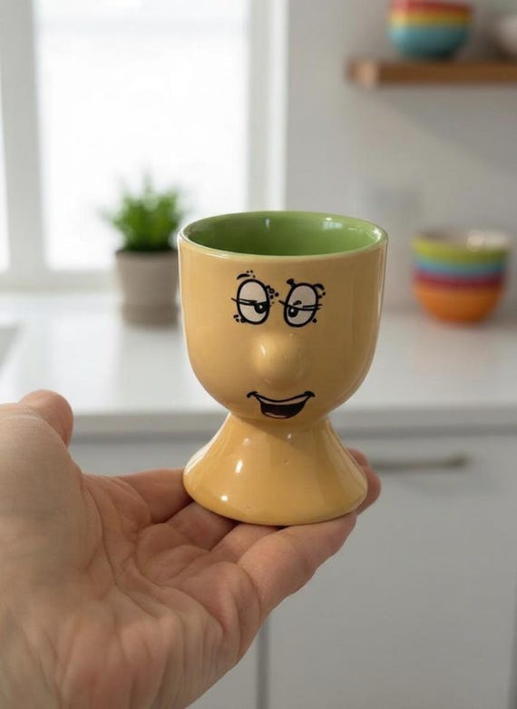 Vintage Passatwind Lustiges Gesicht Eierbecher Gelb und Grün Küche Dekor Ostern Geburtstag Weihnachten Geschenk Idee Ihre Frau Freundin Partner Mum Schwester
