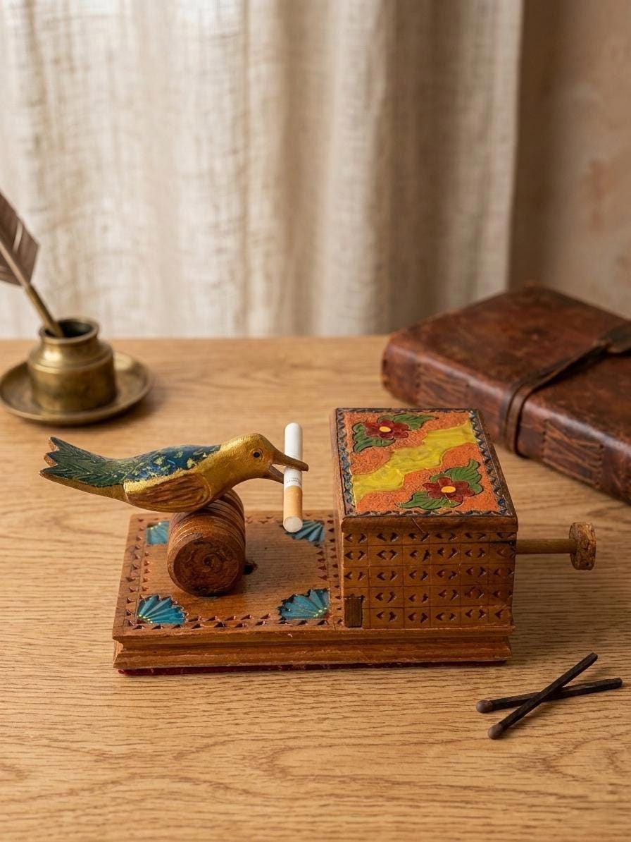 wooden cigarette box with bird A pair of Novelty inlaid pecking Dispenser Boxes, together another cigarette Estate sale treasure unlocked 