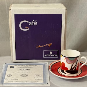 Vintage Wedgwood Clarice Cliff Herbst Kaffeetasse und Untertasse Set Sammlerstück Geburtstag Weihnachtsgeschenk für sie ihn Frau Freundin Partner Mama Papa