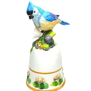 Vintage Blue Bird Ceramic Bell: Mushroom & Floral Design