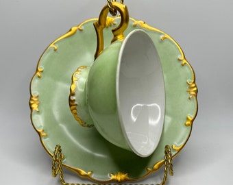 Elegant Tea Party Duo: Bareuther Bavarian Spring Green Teacup & Saucer with Gold Gilding - A Yellow Rose Surprise in the bottom of the cup!