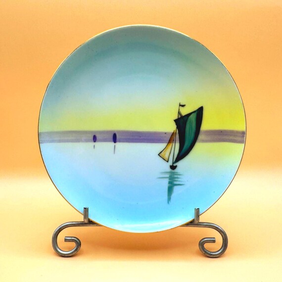 Vintage Meito China Hand Painted Plate Sailboat Japan Blue Lake Scene