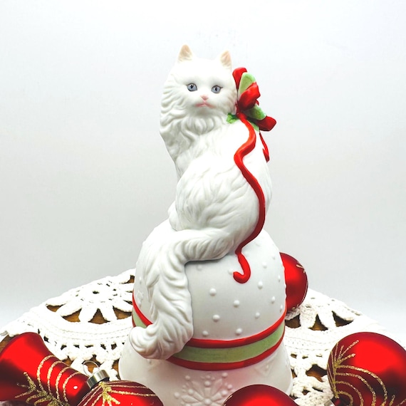 Enesco Vintage White Cat Holly Bow Christmas Bell 1988 Decor