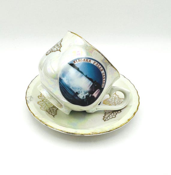 Vintage Niagara Falls Canada Teacup & Saucer - Iridescent Mother of Pearl Cup Souvenir