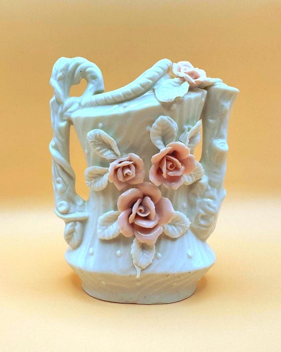 Vintage Porcelain Rose Pitcher Vase Pink Applied Flowers Ivory