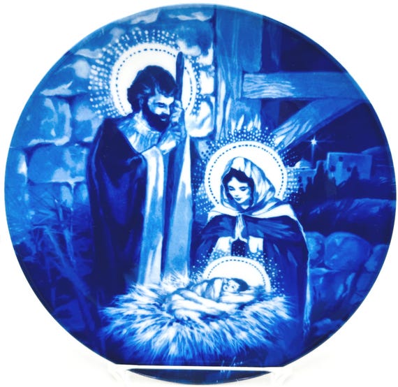 Stable Scene Decoration - Vintage Avon The Holy Family Collectible Plate 1991 - Cobalt Blue