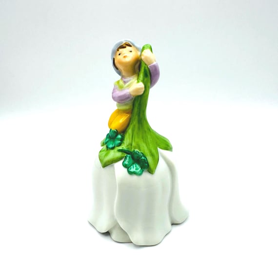 Vintage Avon Flower Shaped Bell with Elf Figurine with Four Leaf Clovers