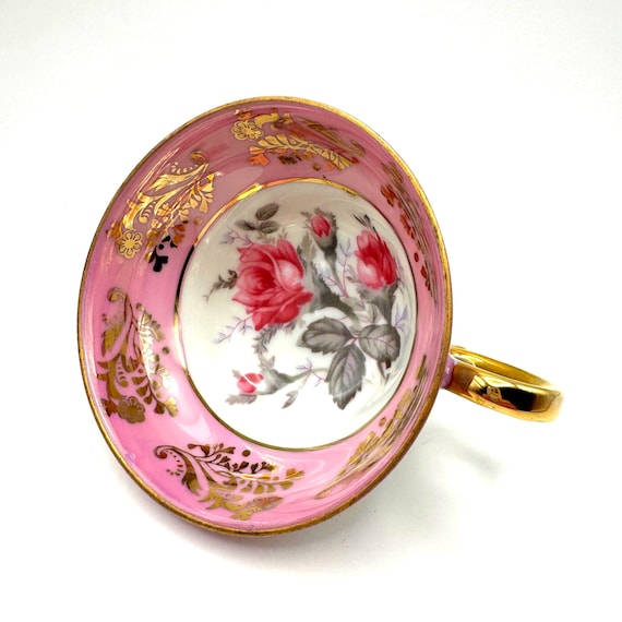 Victorian Pink Footed Teacup with Roses & Gold Trim