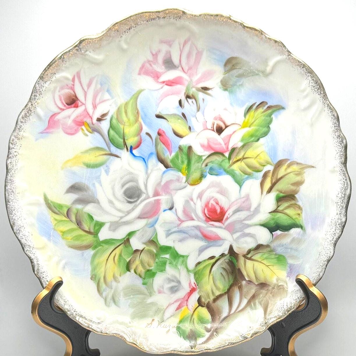 Vintage Artist Signed Hand Painted Plate - White and Pink Roses with Scalloped Edging - Gold Accents