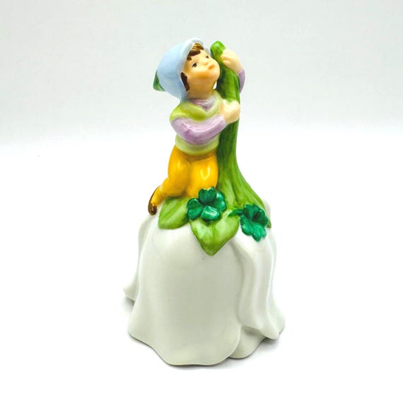 Vintage Avon Flower Shaped Bell with Elf Figurine with Four Leaf Clovers