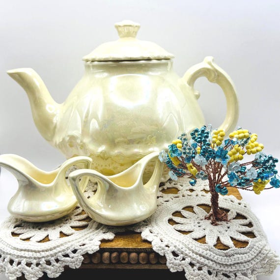 Vintage Iridescent Mother of Pearl Teapot Set - Hand Signed by Artist