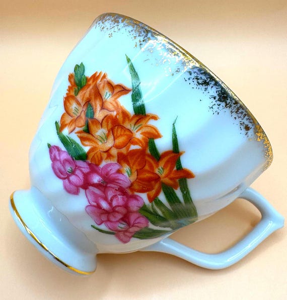 Vintage Bone China Teacup Hand Painted Flowers Gold Trim