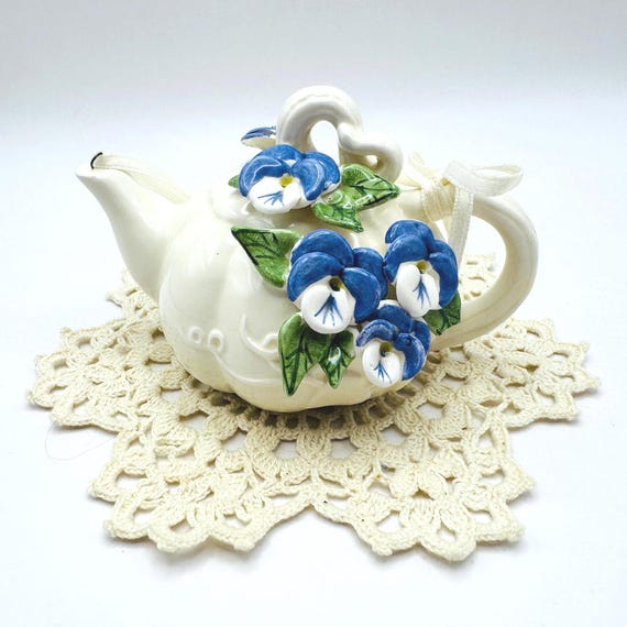 Vintage Mud Pie Teapot Hanging Ornament - Bluish Purple Pansy Decor