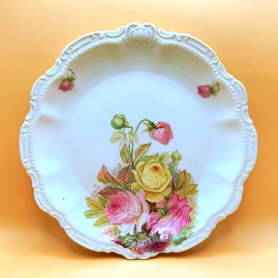Antique PM Bavaria Cake Plate Roses Porzellanfabrik Moschendorf Germany
