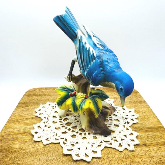 Grant Crest Ceramic Blue Bird on Branch Figurine - Vintage Hand Painted