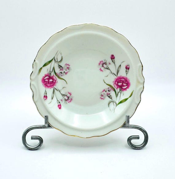 Vintage Pink Carnation Trinket Dish: Scalloped Gold Trim Berry Bowl