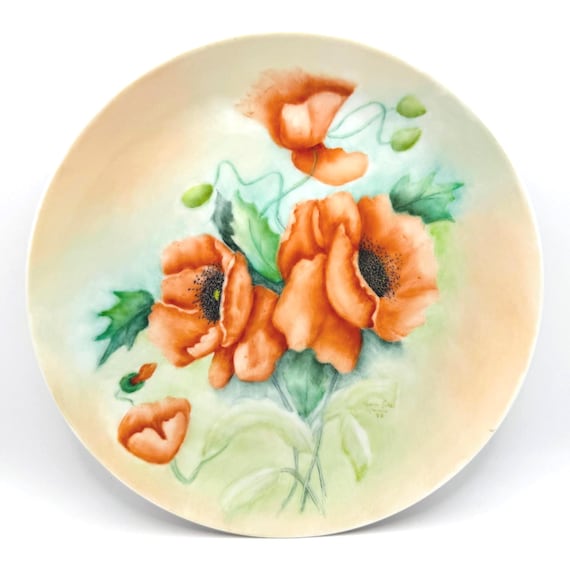 Bright Poppy Vintage Plate - Hand Painted Decor, Artist Signature