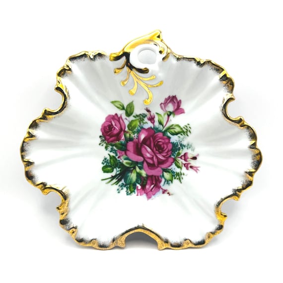 Vintage Candy or Trinket Dish with Bright Pink Cabbage Roses - Gold Detail - Made in Japan