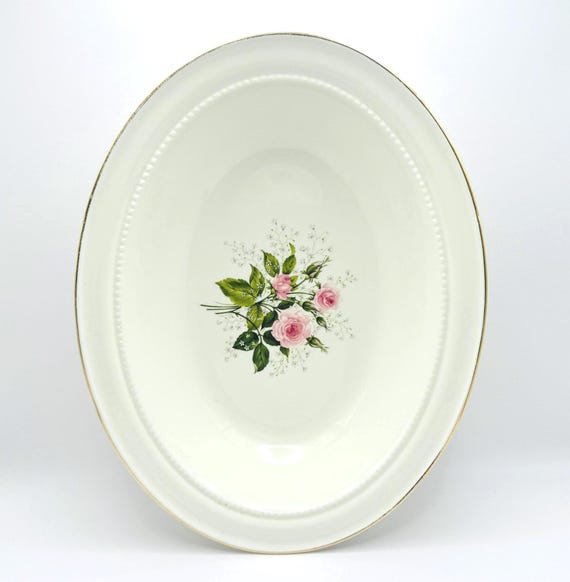 Vintage Hall Superior Oval Serving Bowl - Heather Rose Pattern - Vintage Serving Dinnerware with Pink Rose Bouquet