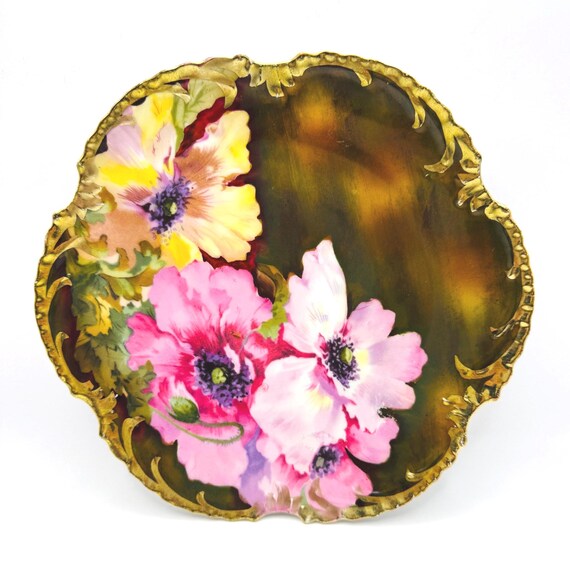 Antique Floral Decor Plate - Pink and Yellow Flowers - Gold Accents
